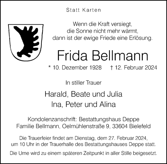 Traueranzeige von Frida Bellmann von Neue Westfälische