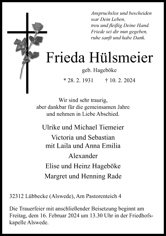 Traueranzeige von Frieda Hülsmeier von Neue Westfälische