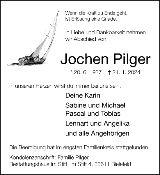 Traueranzeige von Jochen Pilger von Neue Westfälische