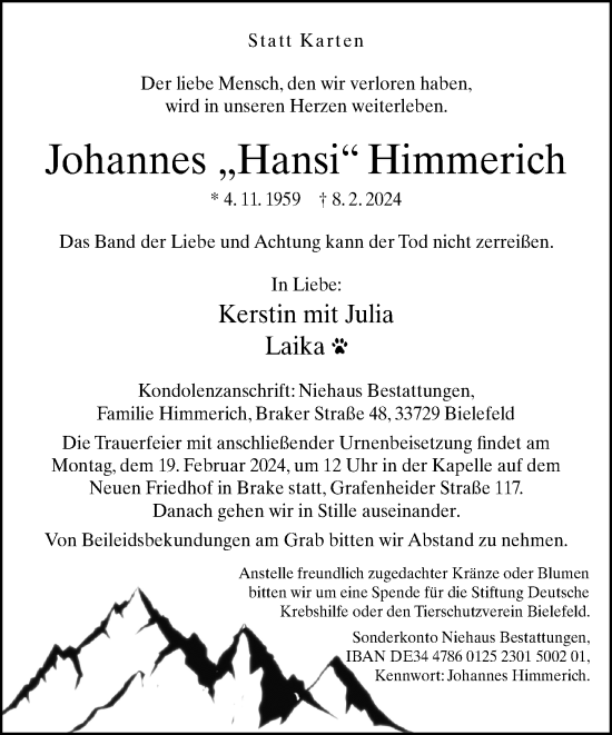 Traueranzeige von Johannes Himmerich von Neue Westfälische