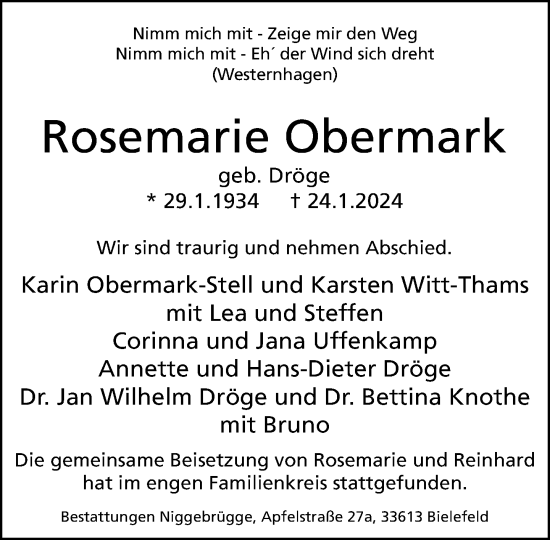 Traueranzeige von Rosemarie Obermark von Neue Westfälische