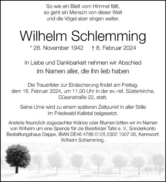 Traueranzeige von Wilhelm Schlemming von Neue Westfälische