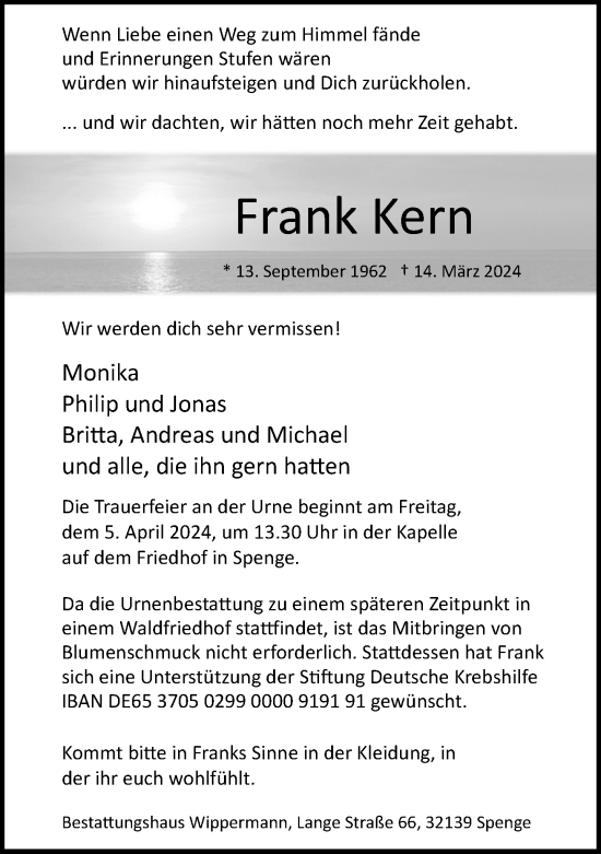 Traueranzeige von Frank Kern von Neue Westfälische