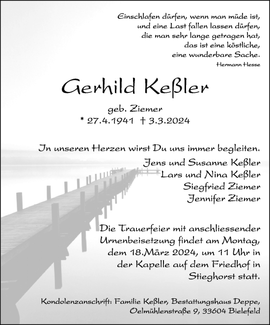 Traueranzeige von Gerhild Keßler von Neue Westfälische