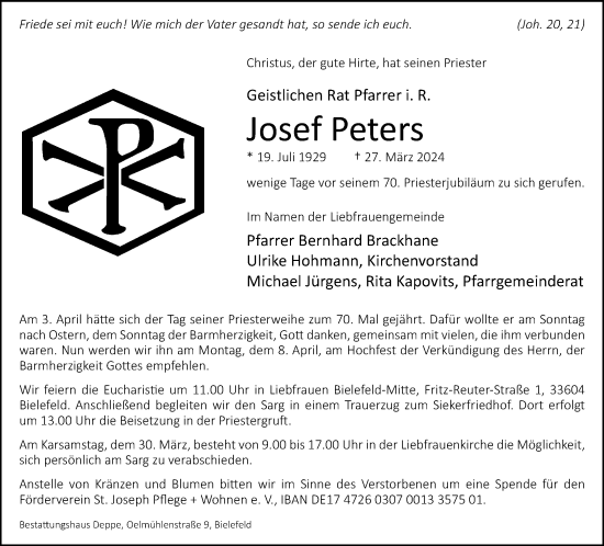 Traueranzeige von Josef Peters von Neue Westfälische