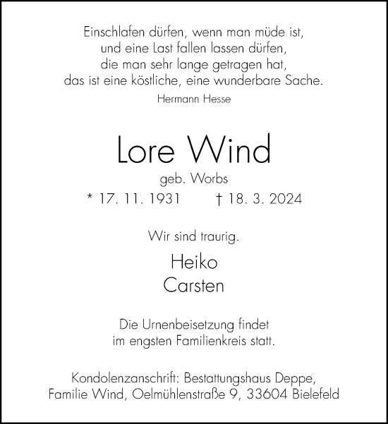 Traueranzeige von Lore Wind von Neue Westfälische