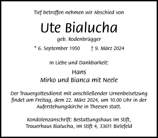 Traueranzeige von Ute Bialucha von Neue Westfälische