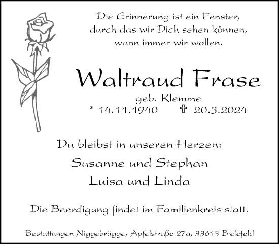 Traueranzeige von Waltraud Frase von Neue Westfälische