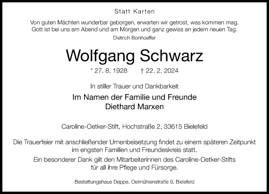 Traueranzeige von Wolfgang Schwarz von Neue Westfälische