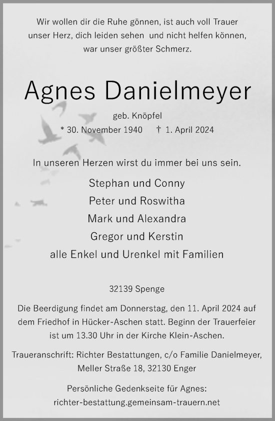 Traueranzeige von Agnes Danielmeyer von Neue Westfälische