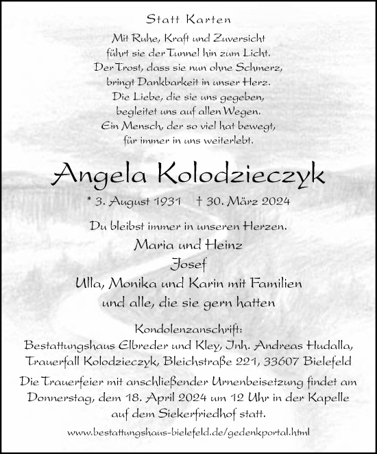 Traueranzeige von Angela Kolodzieczyk von Neue Westfälische