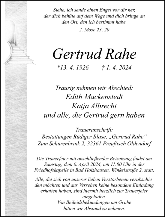 Traueranzeige von Gertrud Rahe von Neue Westfälische