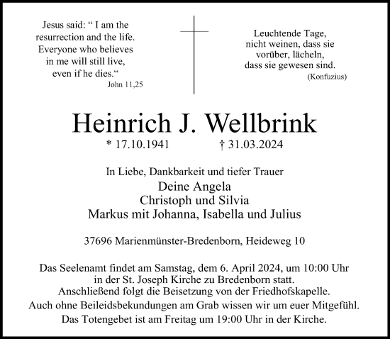 Traueranzeige von Heinrich J.Wellbrink von Neue Westfälische