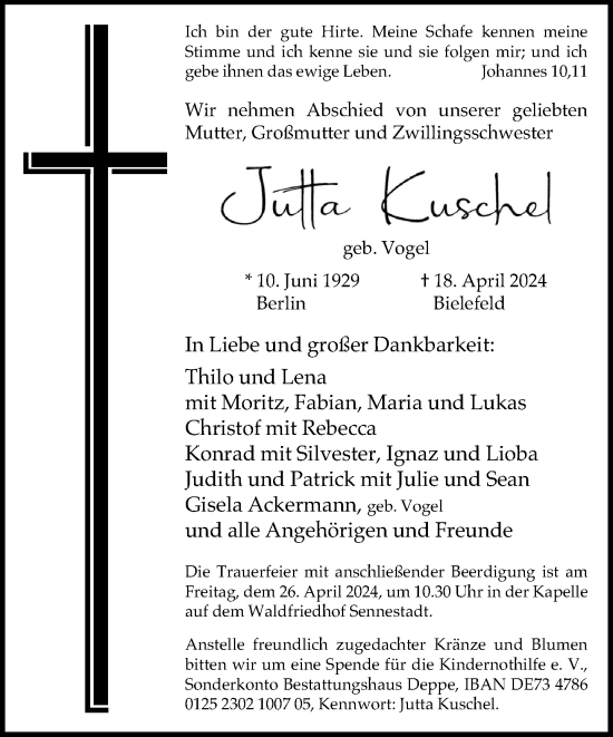 Traueranzeige von Jutta Kuschel von Neue Westfälische