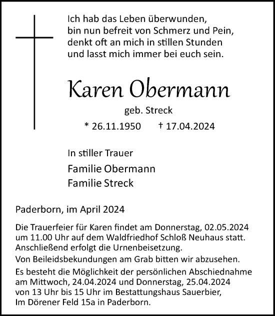 Traueranzeige von Karen Obermann von Neue Westfälische