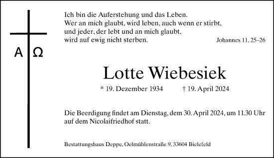 Traueranzeige von Lotte Wiebesiek von Neue Westfälische