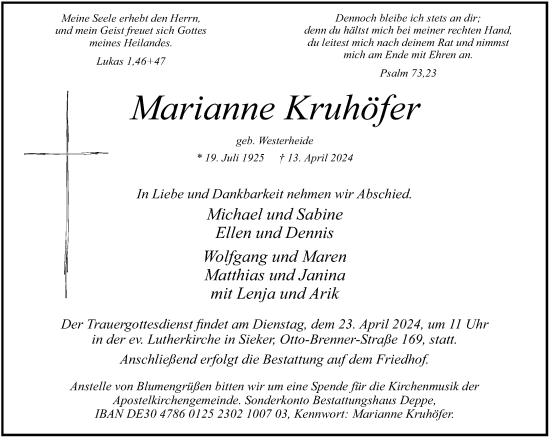 Traueranzeige von Marianne Kruhöfer von Neue Westfälische