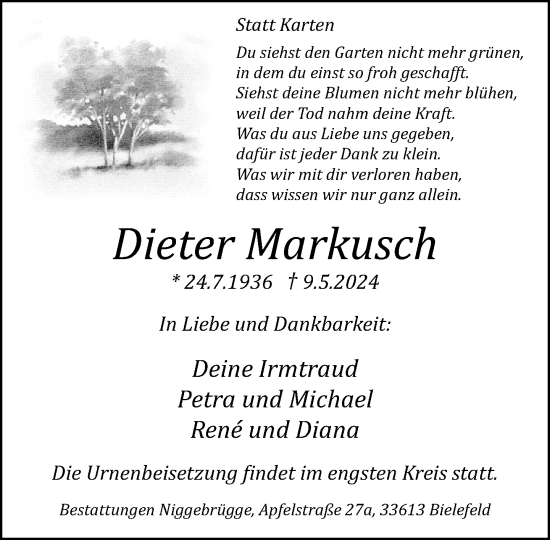 Traueranzeige von Dieter Markusch von Neue Westfälische