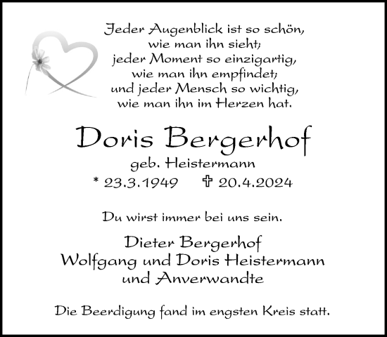 Traueranzeige von Doris Bergerhof von Neue Westfälische