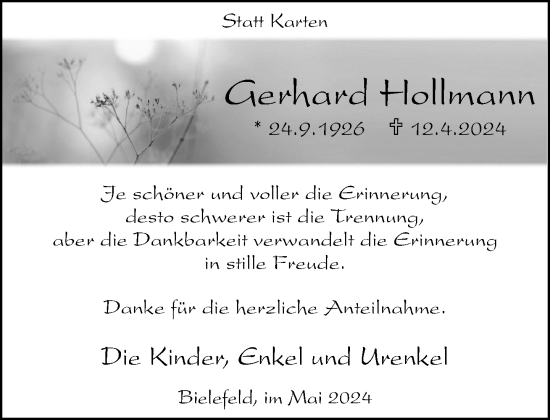 Traueranzeige von Gerhard Hollmann von Neue Westfälische