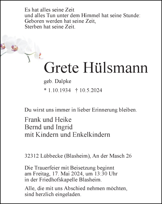 Traueranzeige von Grete Hülsmann von Neue Westfälische