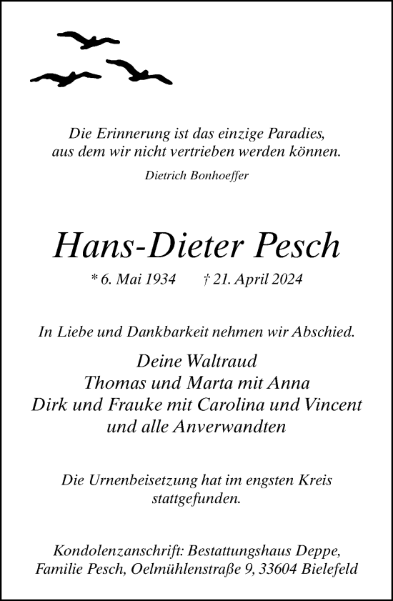 Traueranzeige von Hans-Dieter Pesch von Neue Westfälische