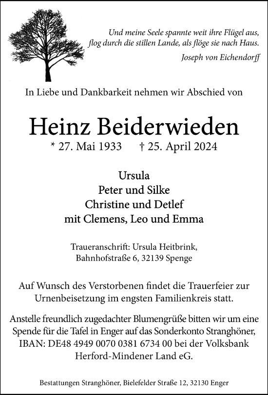 Traueranzeige von Heinz Beiderwieden von Neue Westfälische