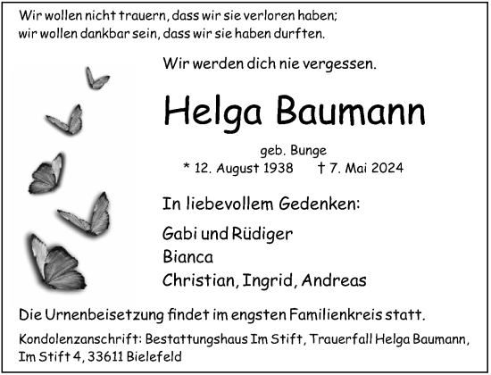 Traueranzeige von Helga Baumann von Neue Westfälische