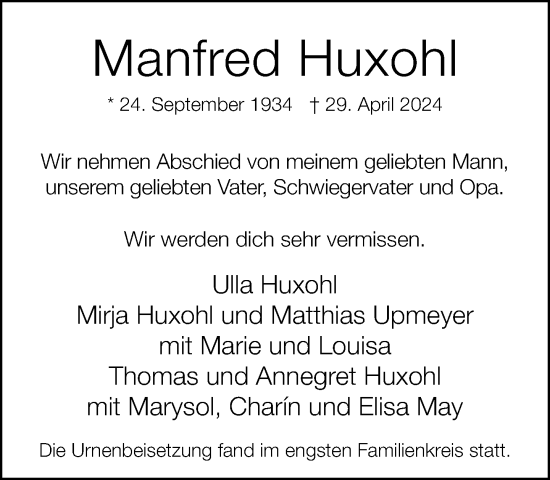 Traueranzeige von Manfred Huxohl von Neue Westfälische