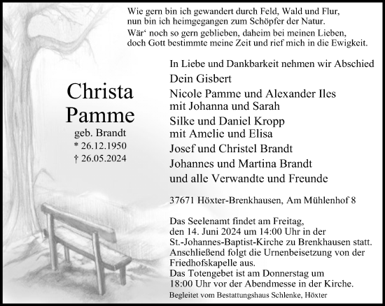 Traueranzeige von Christa Pamme von Neue Westfälische