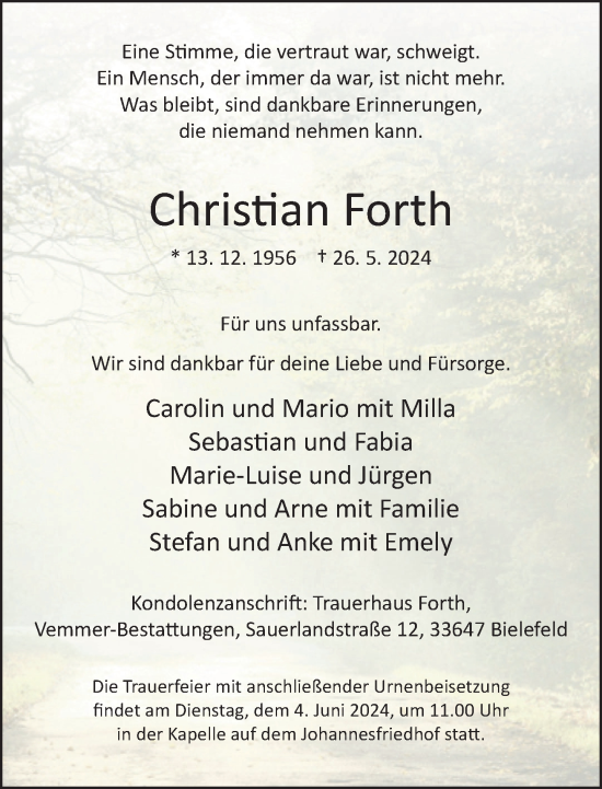 Traueranzeige von Christian Forth von Neue Westfälische