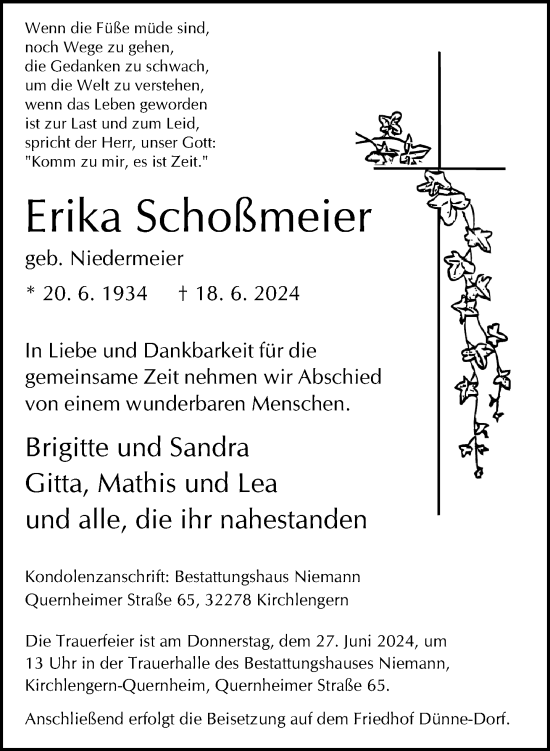 Traueranzeige von Erika Schoßmeier von Neue Westfälische