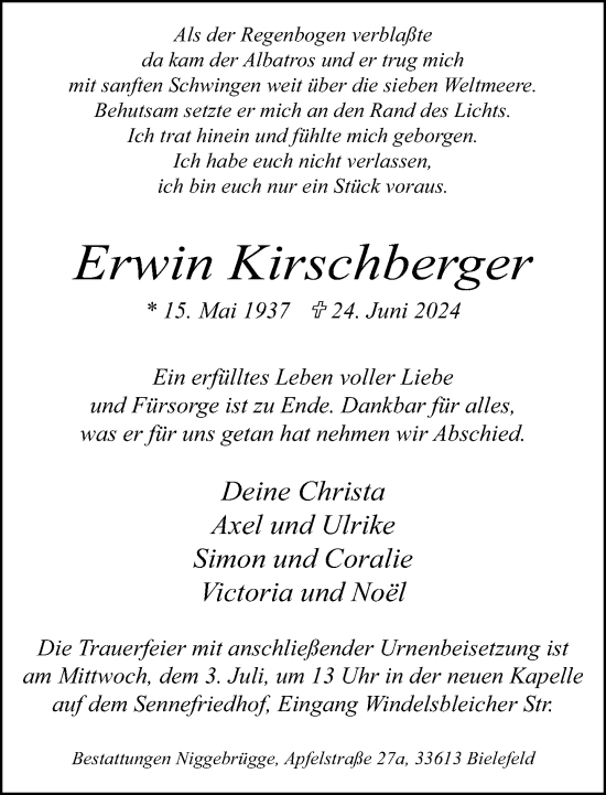 Traueranzeige von Erwin Kirschberger von Neue Westfälische