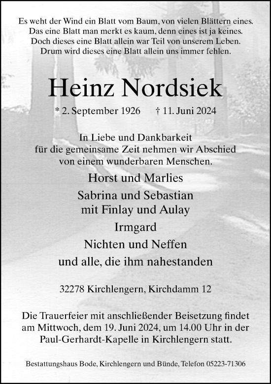 Traueranzeige von Heinz Nordsiek von Neue Westfälische