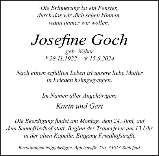 Traueranzeige von Josefine Goch von Neue Westfälische