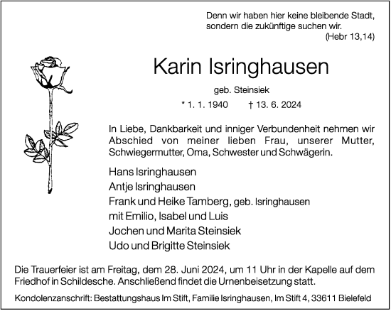 Traueranzeige von Karin Isringhausen von Neue Westfälische