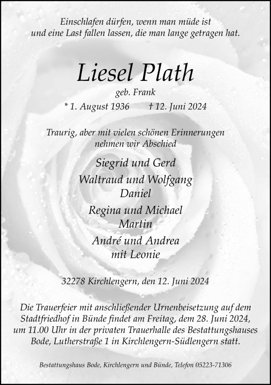 Traueranzeige von Liesel Plath von Neue Westfälische