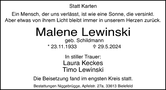 Traueranzeige von Malene Lewinski von Neue Westfälische