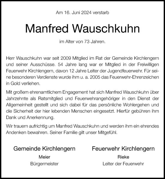 Traueranzeige von Manfred Wauschkuhn von Neue Westfälische