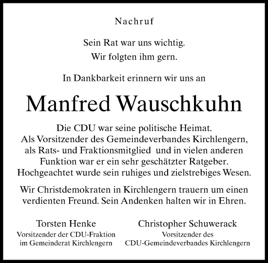 Traueranzeige von Manfred Wauschkuhn von Neue Westfälische