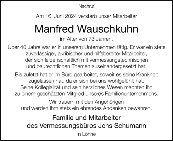 Traueranzeige von Manfred Wauschkuhn von Neue Westfälische