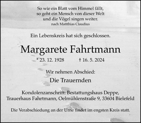 Traueranzeige von Margarete Fahrtmann von Neue Westfälische