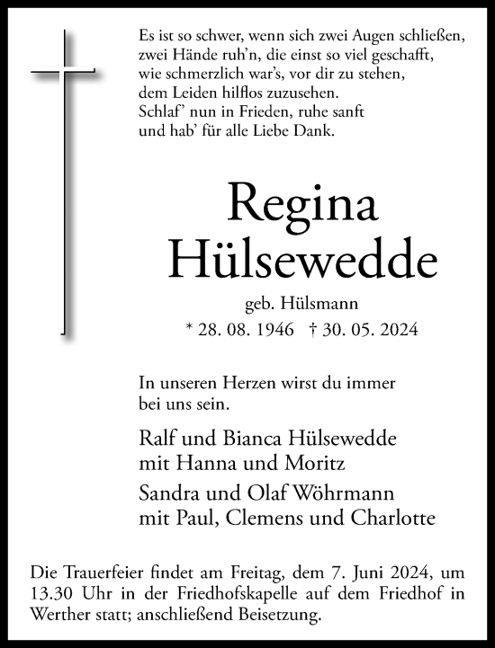 Traueranzeige von Regina Hülsewedde von Neue Westfälische