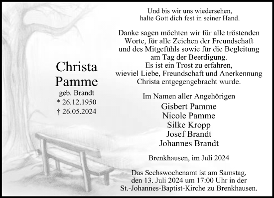 Traueranzeige von Christa Pamme von Neue Westfälische