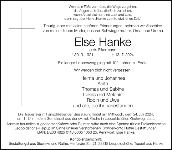 Traueranzeige von Else Hanke von Neue Westfälische