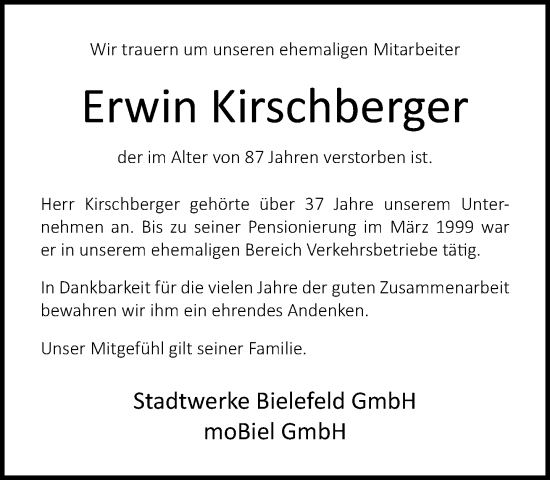 Traueranzeige von Erwin Kirschberger von Neue Westfälische