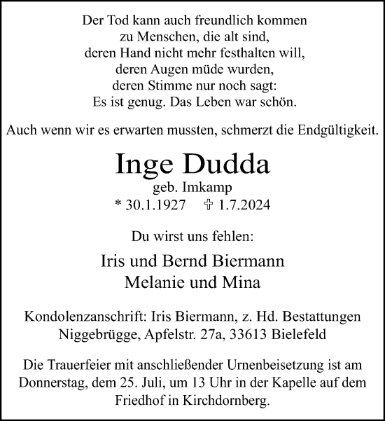 Traueranzeige von Inge Dudda von Neue Westfälische