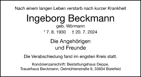 Traueranzeige von Ingeborg Beckmann von Neue Westfälische