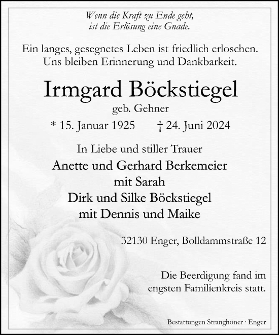 Traueranzeige von Irmgard Böckstiegel von Neue Westfälische