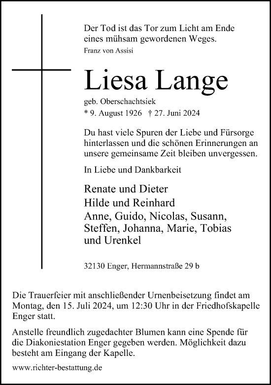 Traueranzeige von Liesa Lange von Neue Westfälische